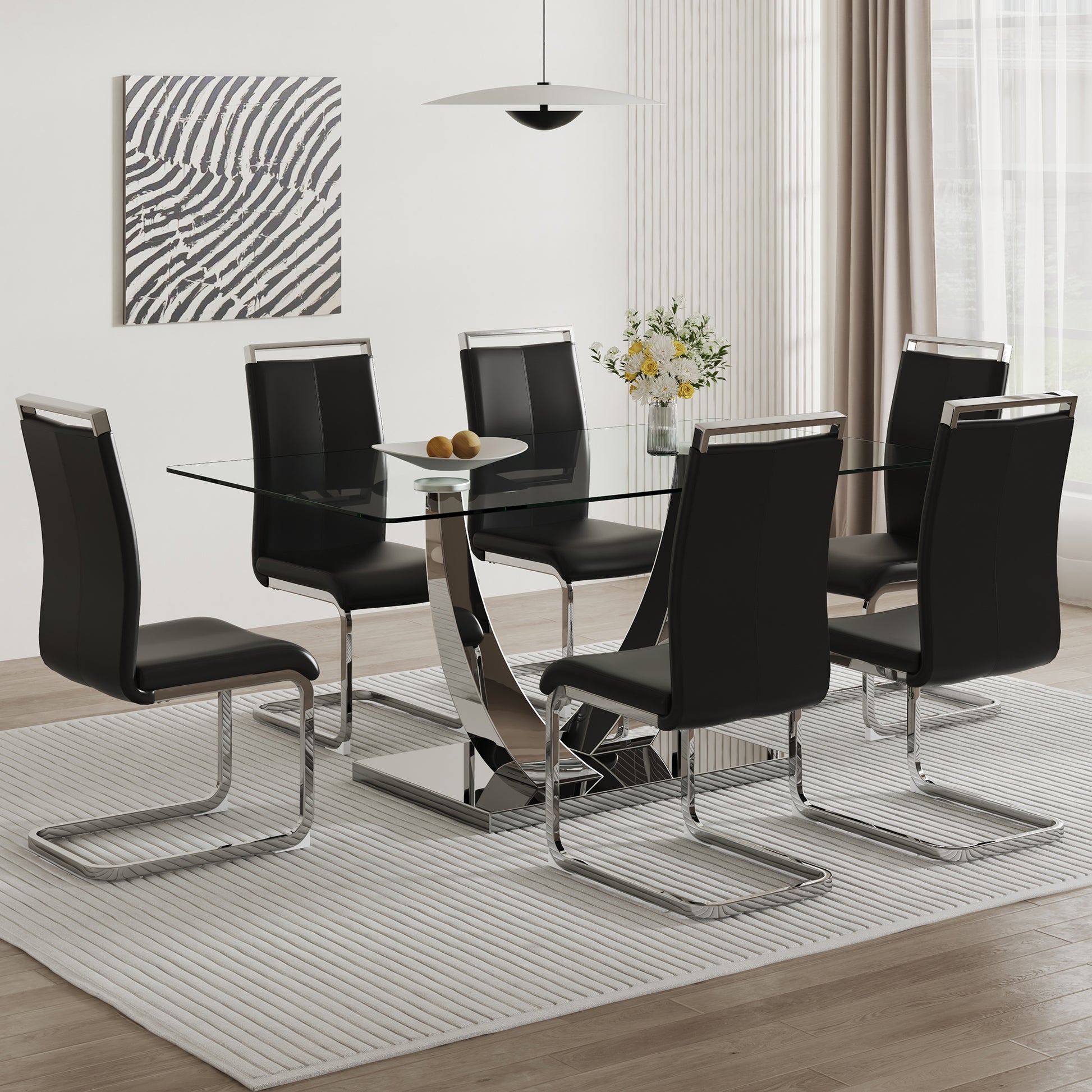 Table And Chair Set. Large Modern Rectangular Table With Glass Top And Silver Metal Legs. Furnished With Soft And Comfortable Pu Chairs With Faux Leather Upholstered Seats And Silver Metal Legs. Black Silver Seats 6 Glass Metal