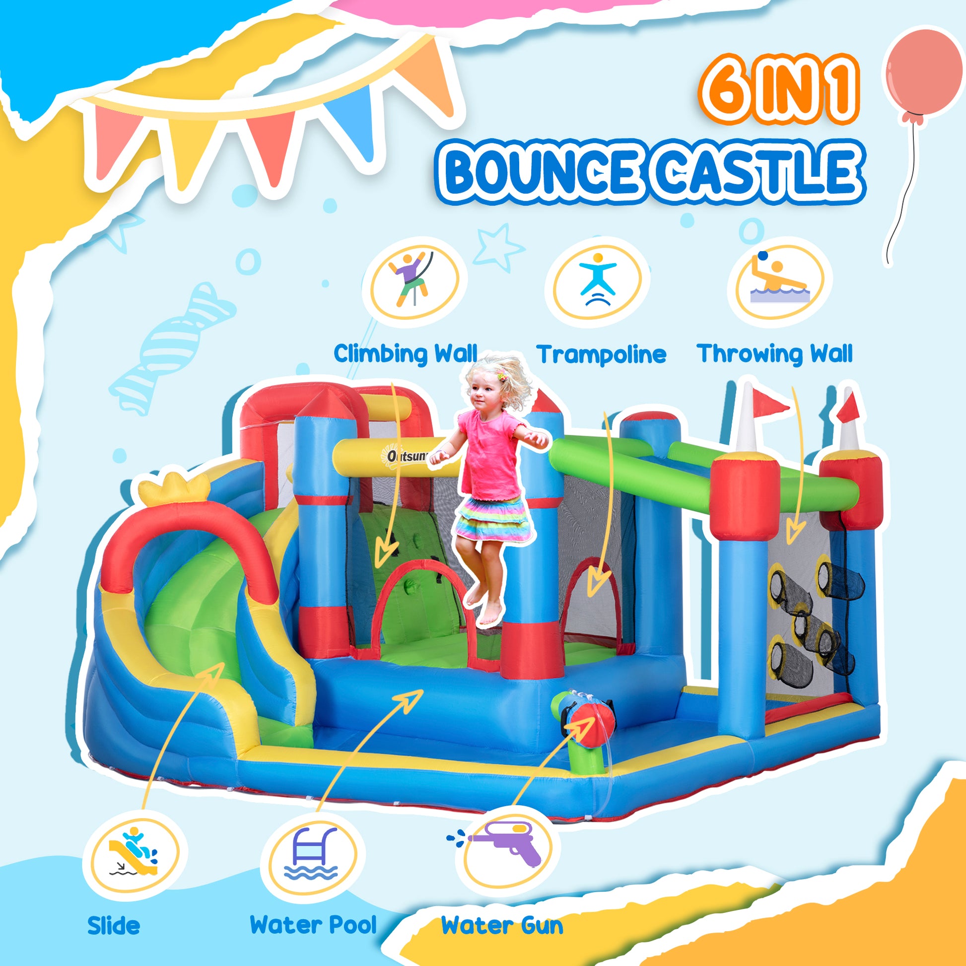 Outsunny 6 In 1 Inflatable Bounce House With Slide, Climbing Wall, Water Cannon, And More, Inflatable Water Slide For Kids With 2 Min. Inflation With Inflator Multicolor Oxford Fabric