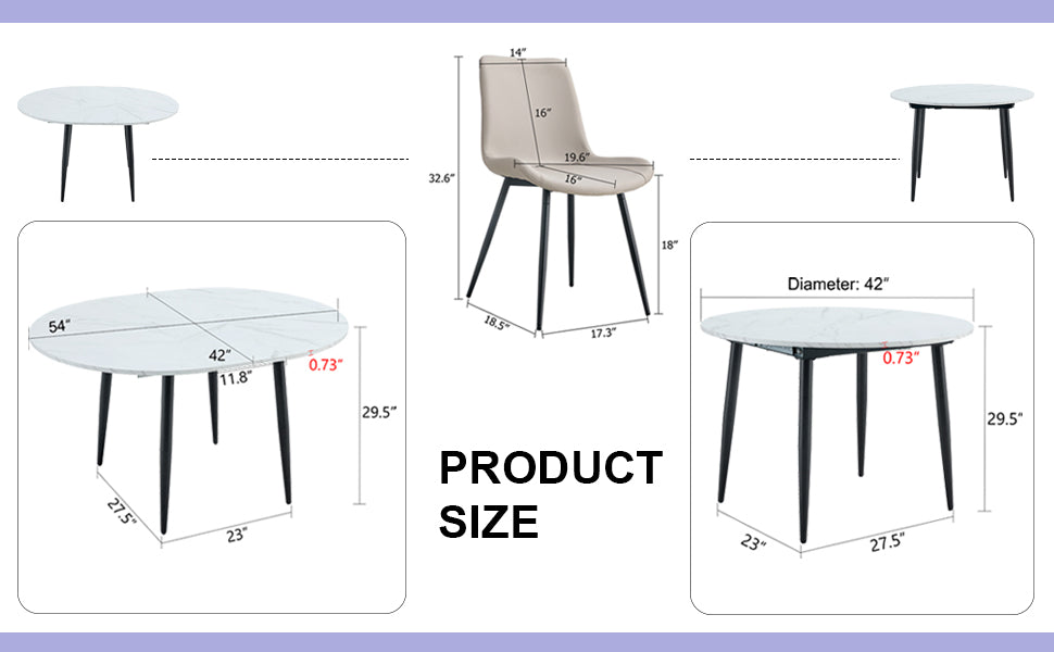 Table And Chair Set.Modern Extendable Mdf Dining Table.The Table Has A Telescopic Design, Suitable For Gatherings Of Different Size.Paired With 6 Chairs With Pu Cushions And Black Metal Legs. White Black Seats 6 Mdf Metal