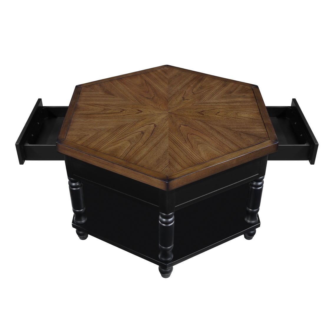 2 Tier Retro Hexagon Living Room Solid Wood Coffee Table With Shelf & Drawer, 36'' Mid Century Center Coffee Table For Living Room, Office. Black And Cherry Top Black Pine
