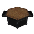 2 Tier Retro Hexagon Living Room Solid Wood Coffee Table With Shelf & Drawer, 36'' Mid Century Center Coffee Table For Living Room, Office. Black And Cherry Top Black Pine
