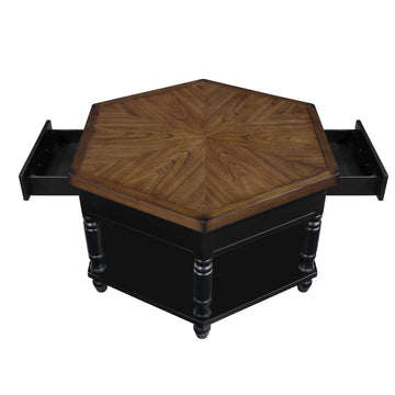 2 Tier Retro Hexagon Living Room Solid Wood Coffee Table With Shelf & Drawer, 36'' Mid Century Center Coffee Table For Living Room, Office. Black And Cherry Top Black Pine