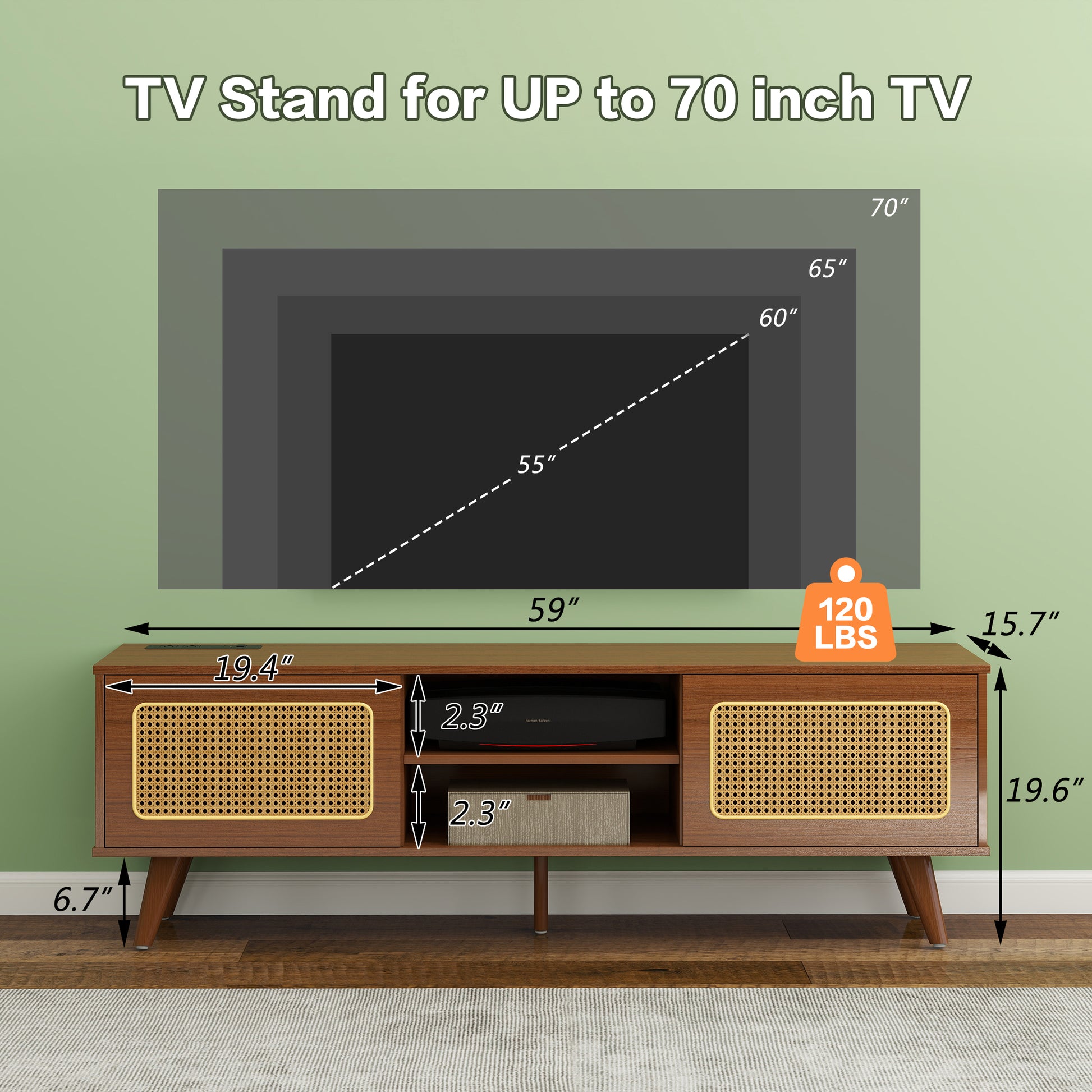 Mid Century Modern Rattan Tv Stand For 55 60 65 Inch Tventertainment Cabinet, Media Console For Living Room Bedroom Media Room, Solid Wood Feet & Rattan Cabinet Doors Walnut, 59" Black Brown Brown