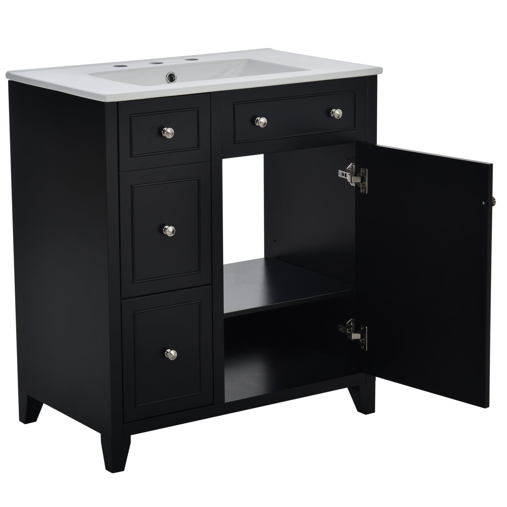 30 Inch Bathroom Vanity Cabinet With Ceramic Basin, Double Layer Drawer, Deep Drawer And Adjustable Shelf Black Bathroom Solid Wood Mdf