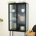 Retro Style Fluted Glass High Cabinet Storage Dual Doors Three Detachable Wide Shelves Enclosed Dust Free Storage For Living Room Bathroom Dining Room Kitchen Room Entryway,Black Old Sku:W68743734 Black Wood