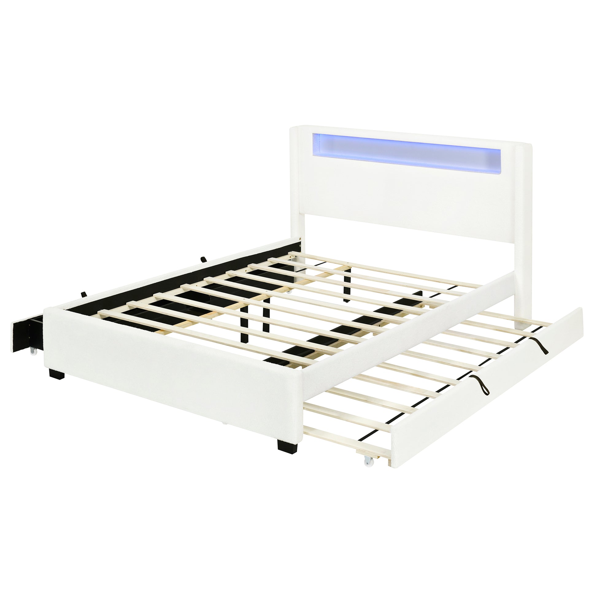 Queen Size Upholstered Platform Bed With Led Frame, With Twin Xl Size Trundle And 2 Drawers, Teddy Fleece, White White Fleece