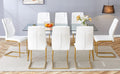 Table And Chair Set.Modern Rectangular Glass Dining Table With A Tempered Glass Tabletop And Metal Legs, Paired With Multiple Chairs Designed With Pu Cushions And Golden Metal Legs. White Gold Seats 8 Tempered Glass