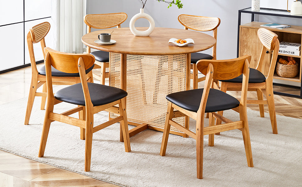 Table And Chair Set, Ancient Style Solid Wood Dining Table, Imitation Rattan Table Legs, Beautiful Simple Solid Wood Dining Chair, Perfect For Dinner, Meetings, Home And Office Decoration Wood Rubber Wood