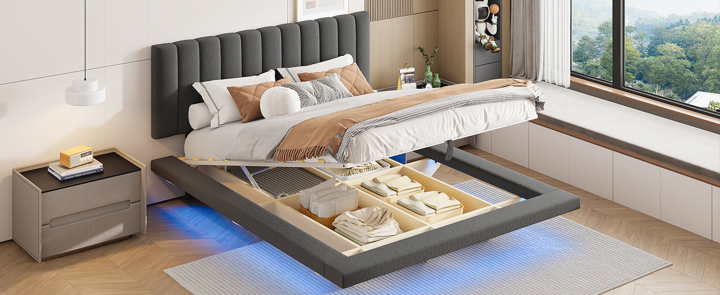 Queen Size Upholstered Floating Bed With Led Light And Usb Port, Velvet, Gray, Hydrualic Platform Bed Queen Gray Velvet