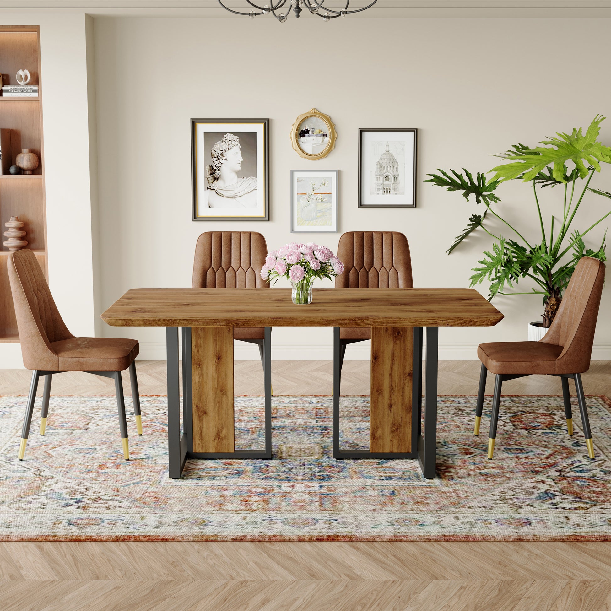 Table And Chair Set.67"X36" Wood Textured Mdf Dining Table Set With 4 Brown Suede Chairs.Mdf Sticker,Wood Colored Texture Sticker,Brown Armless Dining Chair,Suitable For Kitchen,Dining Room,Etc.