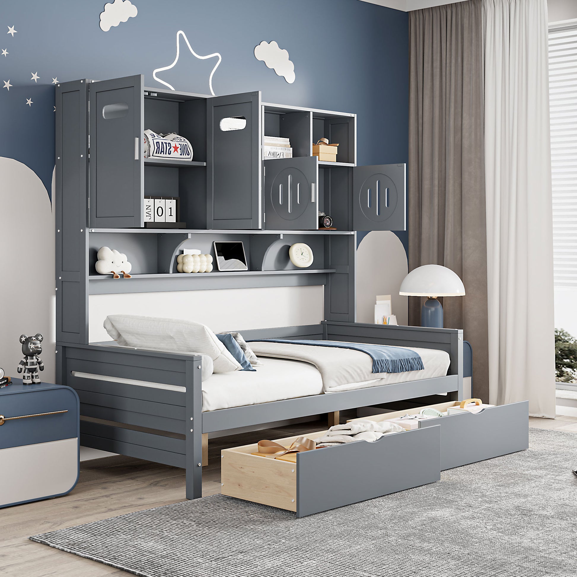 Twin Size Wooden Daybed With 2 Drawers, And All In One Cabinet And Shelf, Gray Twin Gray Wood