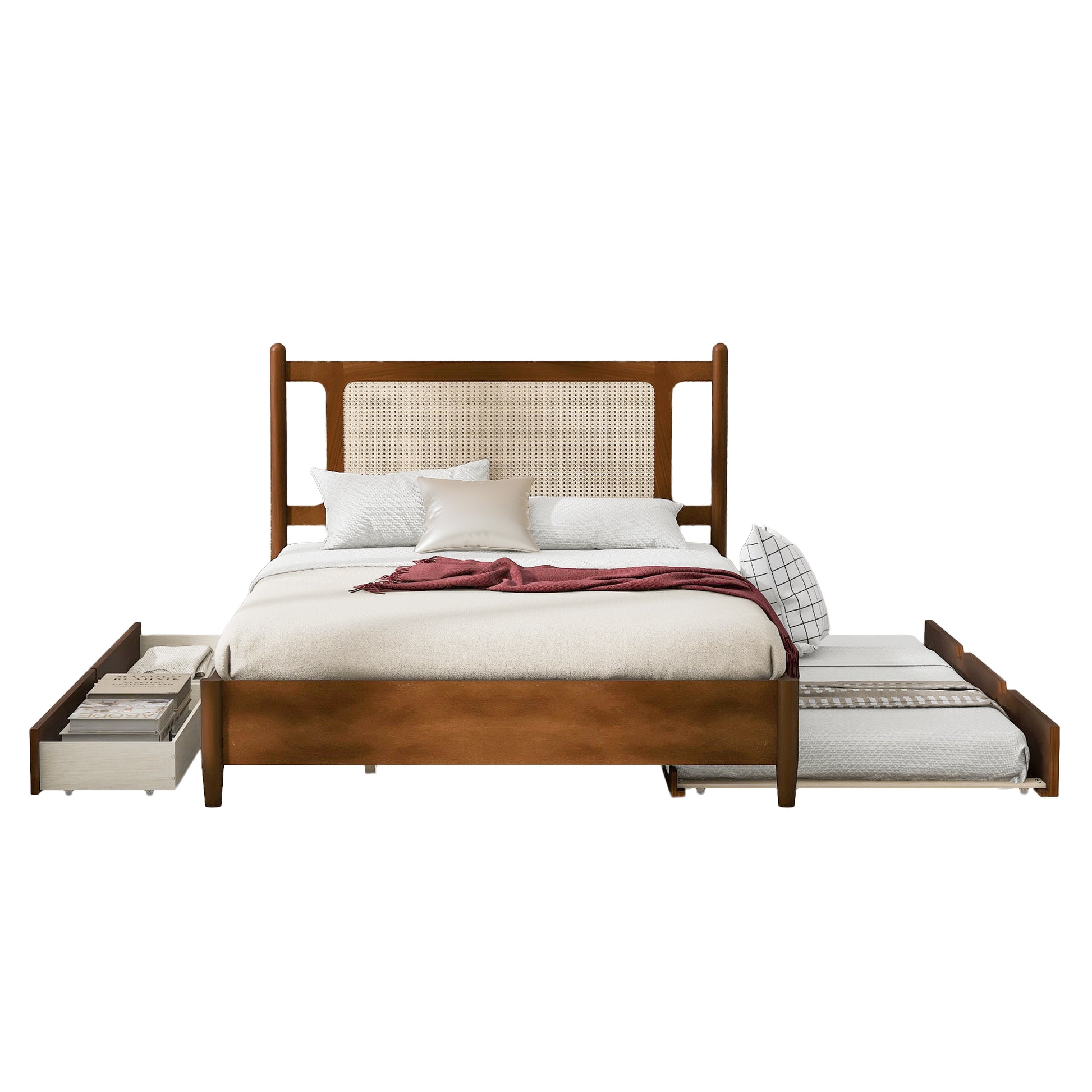 Queen Size Wooden Rattan Platform Bed, With 2 Big Drawers, T Size Trundle, Brown Queen Brown Plywood