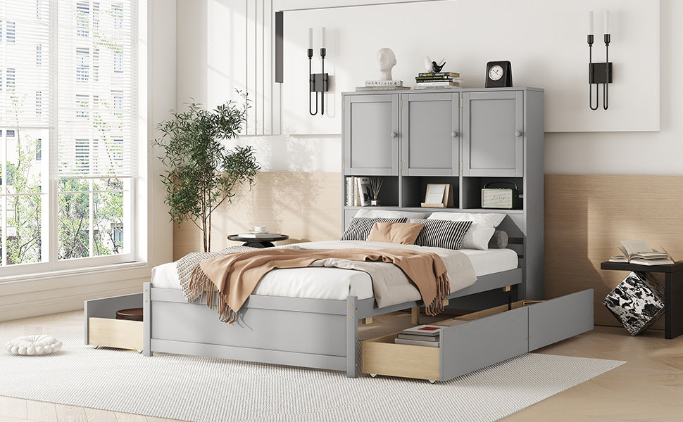 Full Size Platform Bed With Storage Headboard And 4 Drawers, Gray Box Spring Not Required Full Gray Wood Bedroom Bed Frame Solid Wood Mdf