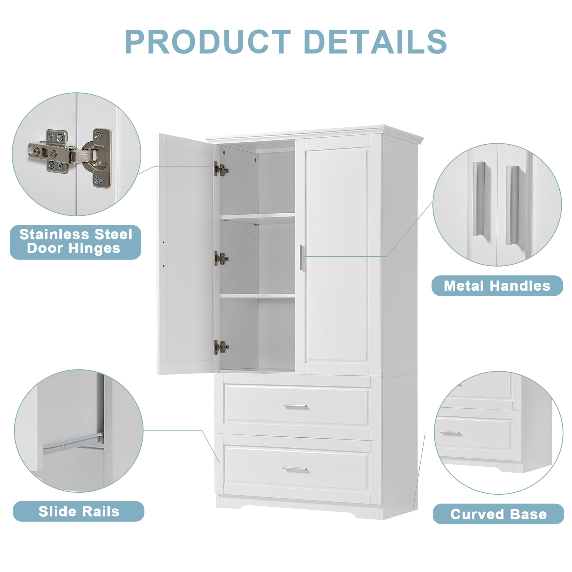 Tall Bathroom Storage Cabinet, Cabinet With Two Doors And Drawers, Adjustable Shelf, Mdf Board, White Old Sku:Wf310828Aak White Mdf