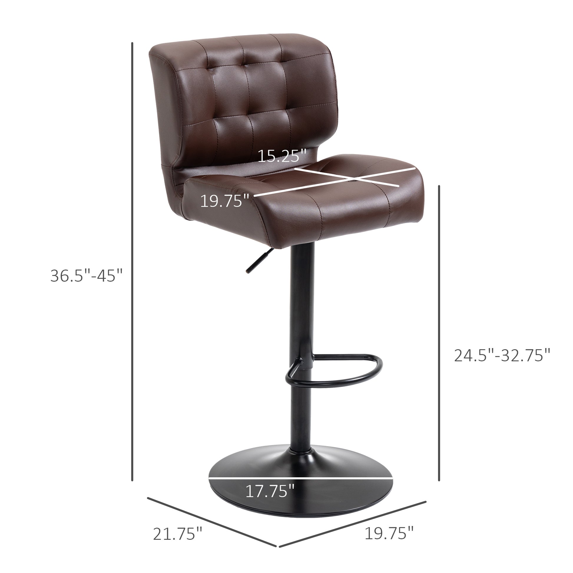 Homcom Bar Height Bar Stools Set Of 2 With Adjustable Seat, Thick Padded Cushion And Metal Footrest For Home Bar, Brown Brown Plastic