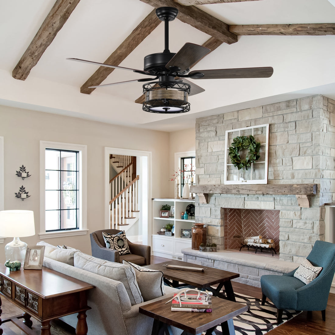 52 Inch Farmhouse 3 Lights Ceiling Fan With 5 Wood Blades, Two Color Fan Blade, Ac Motor, Remote Control, Reversible Airflow, Multi Speed, Adjustable Height, Traditional Ceiling Fa No Include Bulbs Matt Black American Design,American