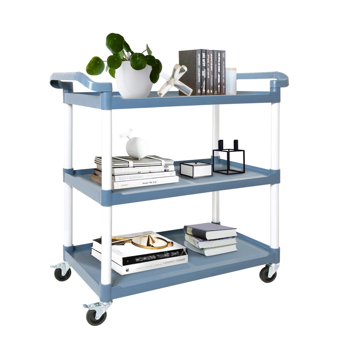 3 Tier Plastic Service Utility Cart With Wheels, Food Service Rolling Cart Heavy Duty 350Lbs Capacity,Commercial Rolling For Restaurant, Household, Office, Warehouse, 40.9''L X 19.6''W X 41.3''H Blue Polyethylene,Pvc