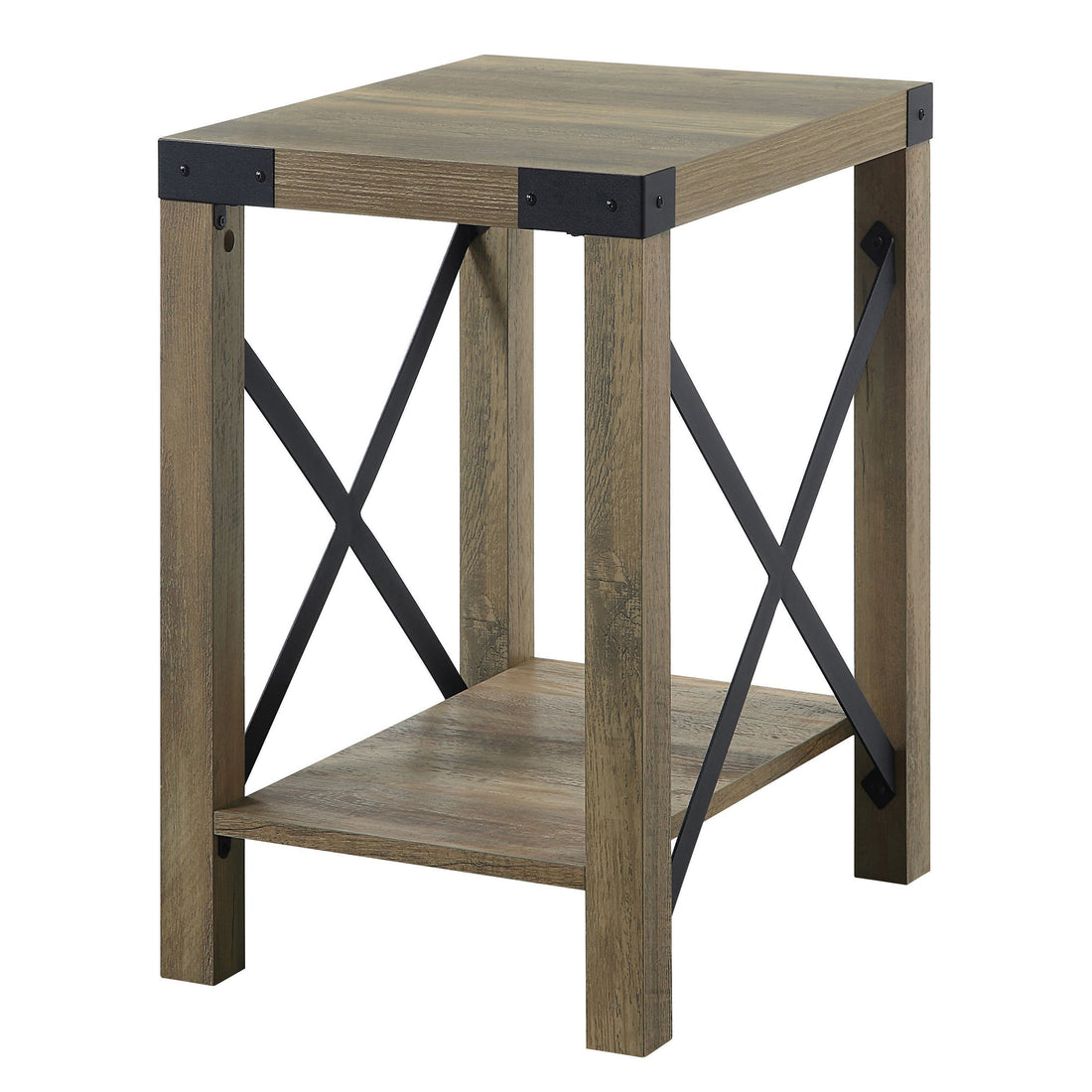 Rustic Oak End Table With Bottom Shelf Rustic Rustic Shelves Square Wood Metal