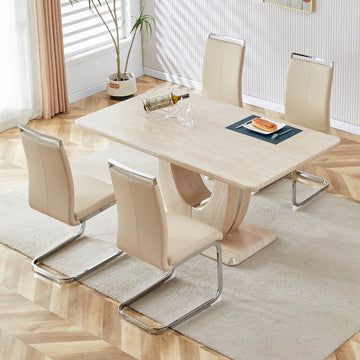 Table And Chair Set.Modern Minimalist Luxury Mdf Rectangular Dining Table With Light Yellow Textured Stickers On The Table, 4 Pu Synthetic Leather High Backrest Soft Cushioned Side Chairs. Light Yellow Seats 4 Mdf