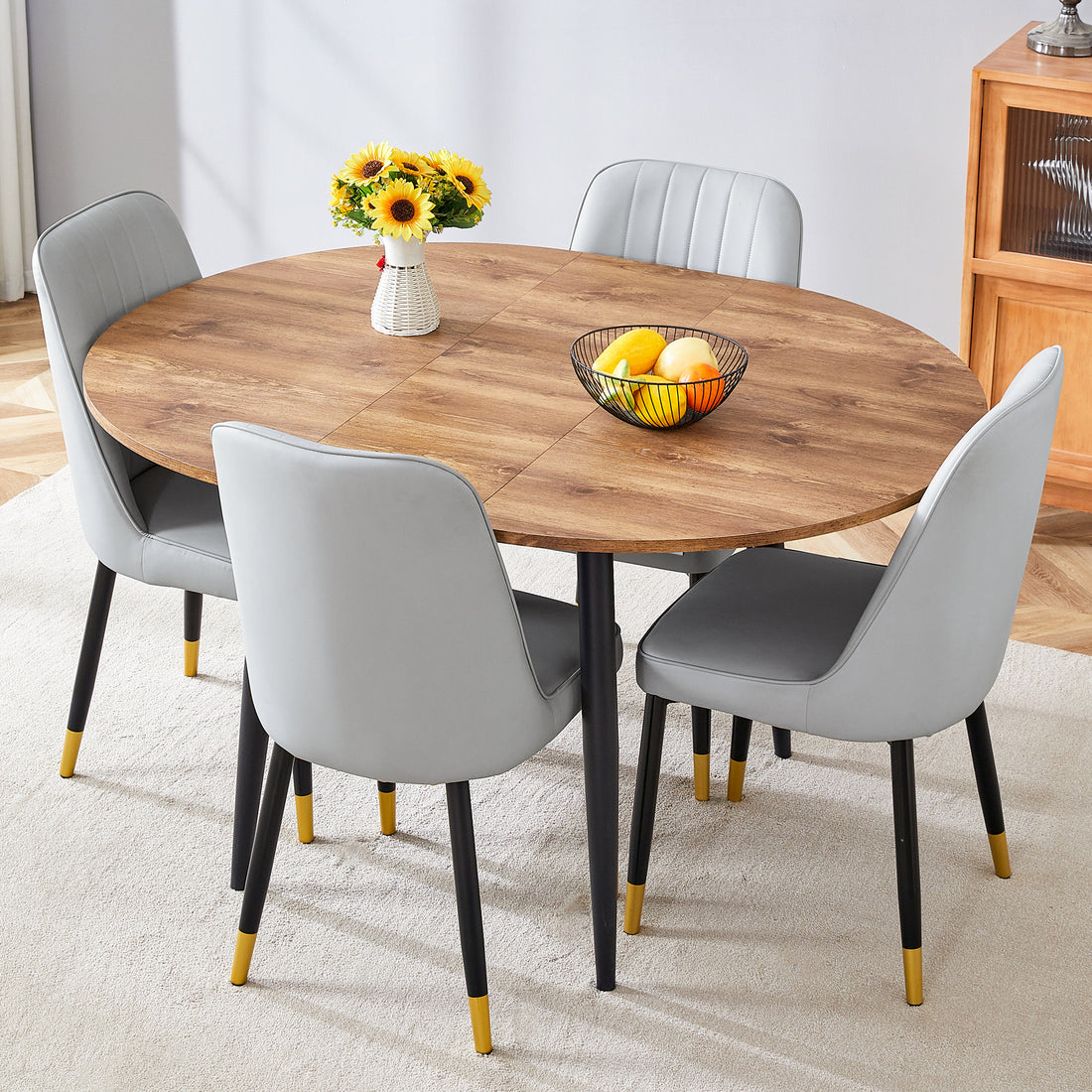 Table And Chair Set.Modern Extendable Wood Mdf Dining Table.The Table Has A Telescopic Design, Suitable For Gatherings Of Different Size.Paired With 4 Chairs With Pu Cushions And Black Metal Legs. Light Gray,Wood Seats 4 Mdf Metal