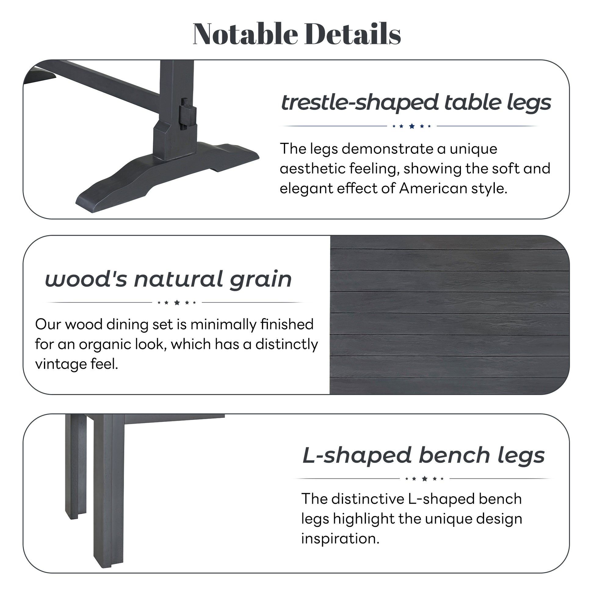 3 Piece Retro Dining Set, Rectangular Trestle Table And 2 Wood Benches For 4 People For Dining Room And Kitchen Grey Grey Solid Wood Mdf