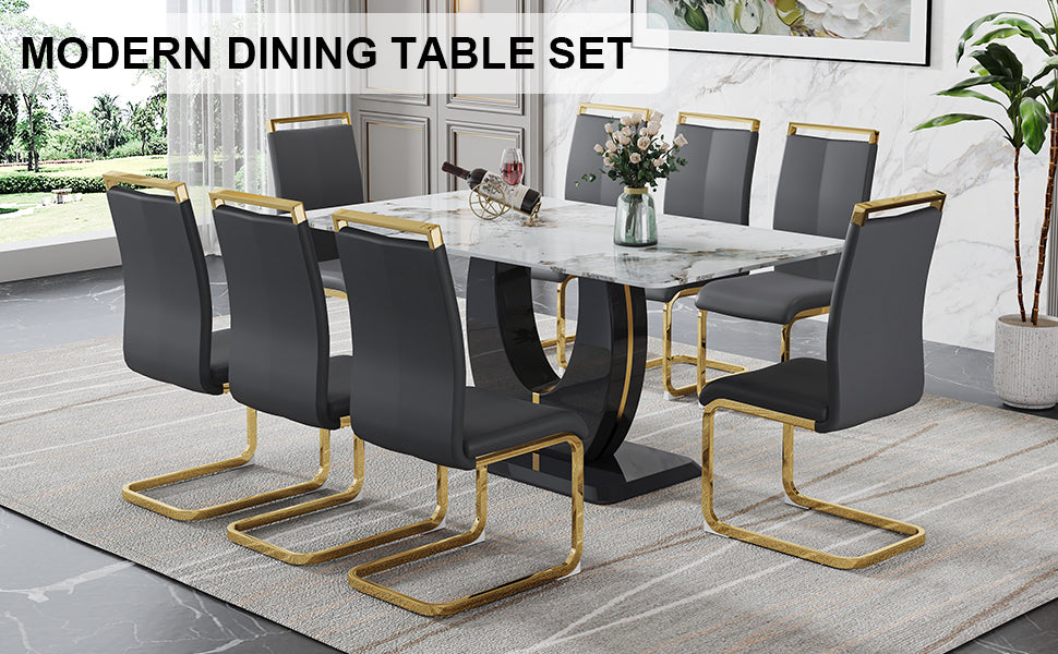 Table And Chair Set, Modern Dining Table, Patterned Table Top And Black Mdf Table Leg, Soft And Comfortable Dining Chair, Perfect For Dinner, Meetings, Home And Office Decor Black Grey Mdf Glass