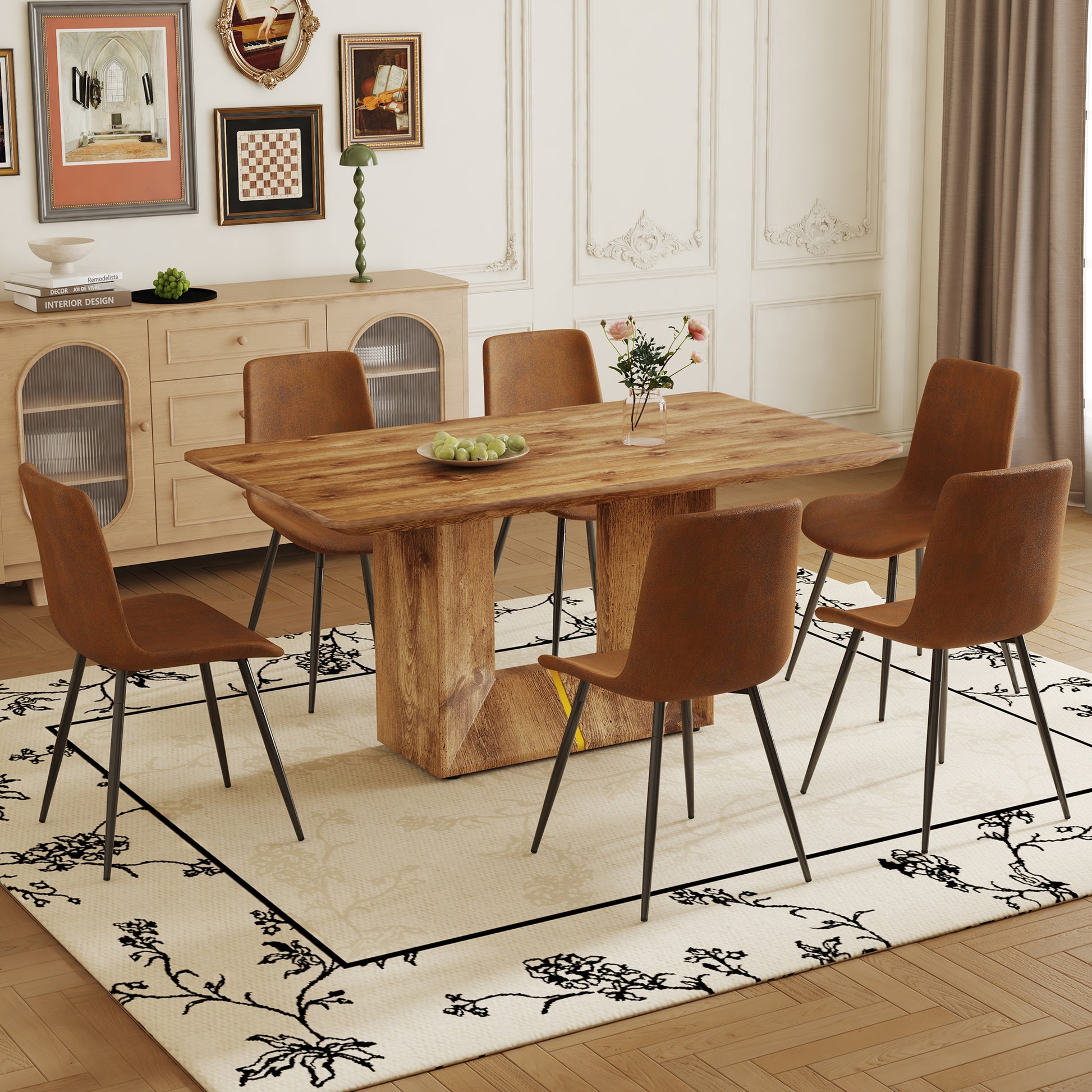 Table And Chair Set. Modern Dining Table With Mdf Top And Beautiful Mdf Legs. Comes With Brown Comfortable Chair With Seat And Metal Legs. Suitable For A Wide Range Of Decorative Styles. Brown,Wood Seats 6 Mdf