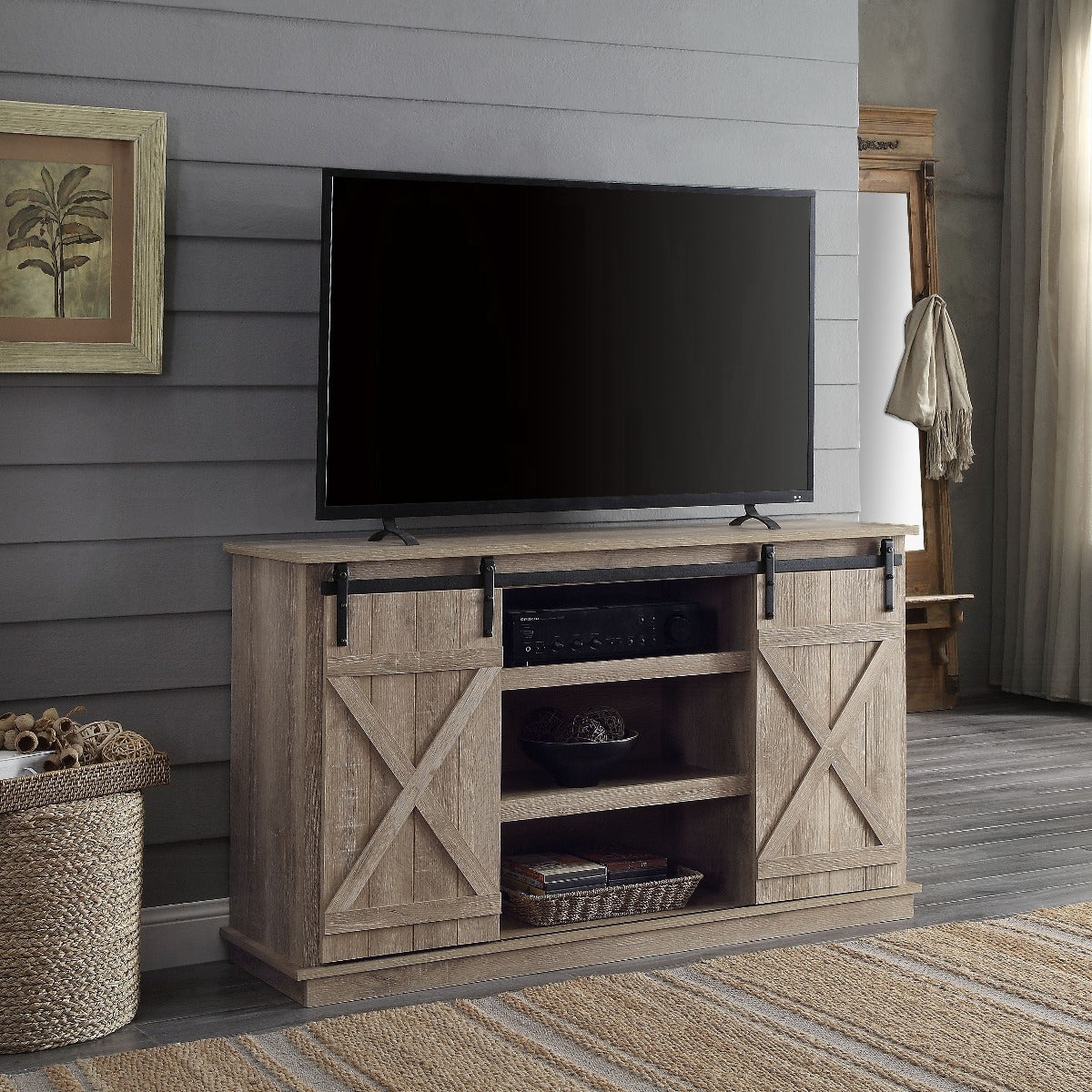 Oak Tv Stand With 2 Sliding Barn Doors Oak Primary Living Space 60 Inches 60 69 Inches Wood Metal