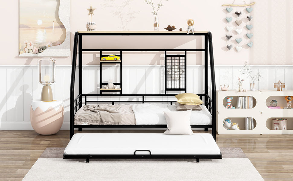 Twin Size Metal House Bed With Trundle, Black Twin Black Metal