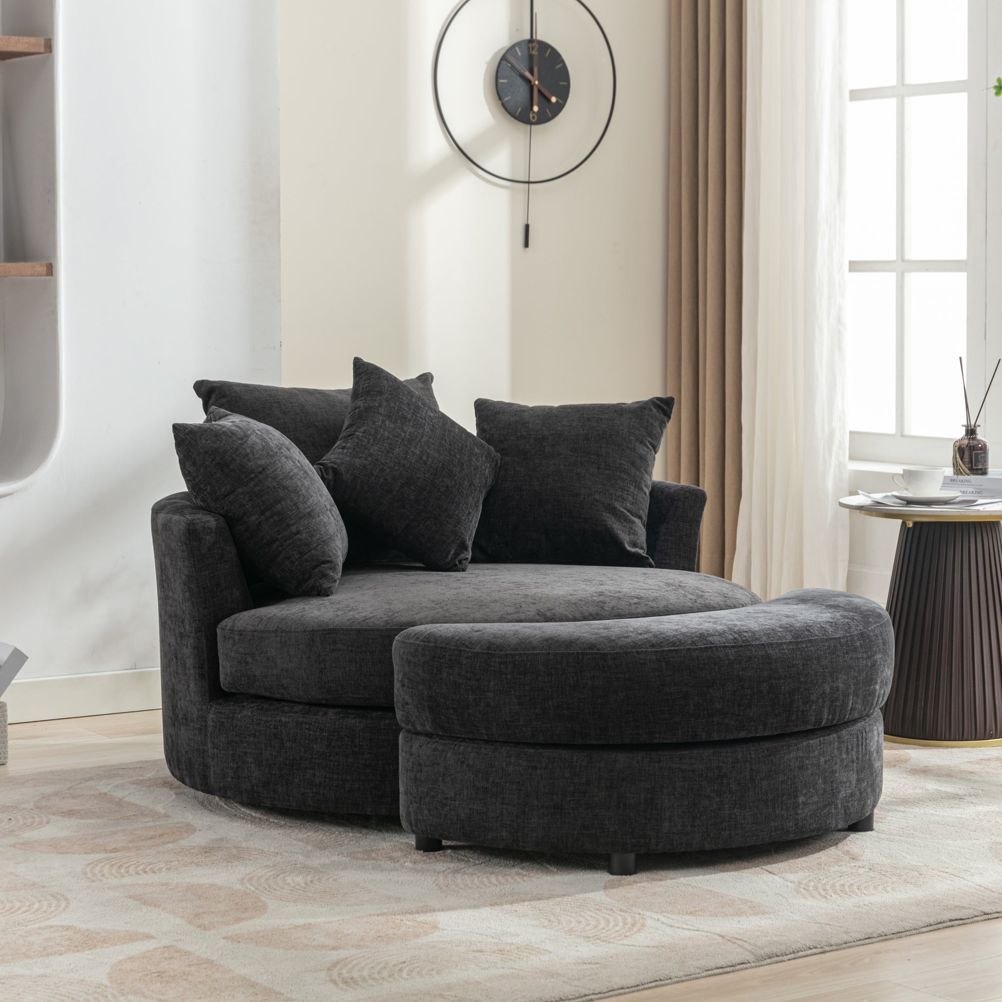 Orisfur. 360 Swivel Accent Barrel Chair With Storage Ottoman & 4 Pillows, Modern Chenille Leisure Chair Round Accent For Living Room, Gray Gray Foam Chenille