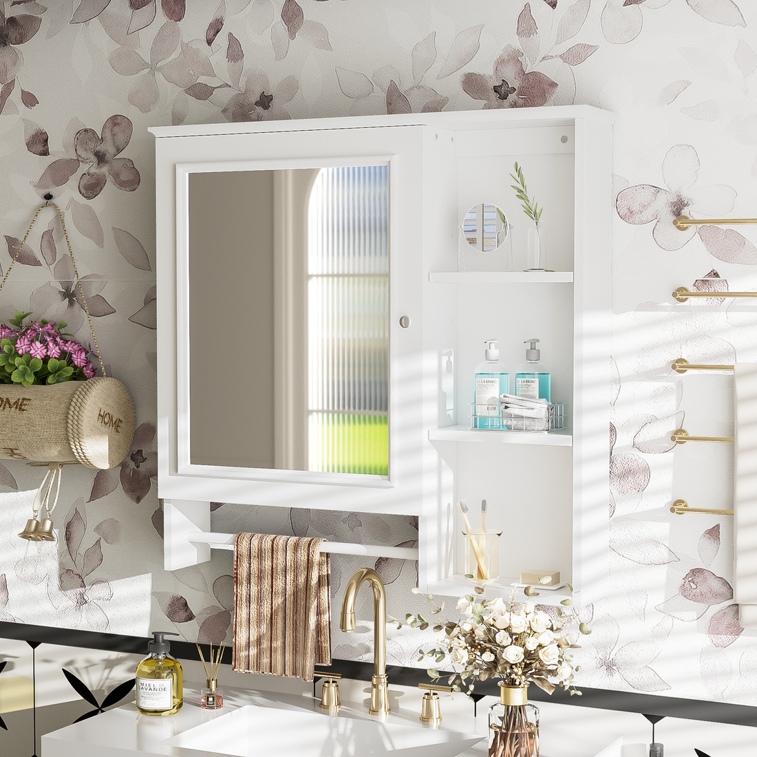 Wall Mounted Bathroom Storage Cabinet, Medicine Cabinets With Large Mirror Door, Adjustable Shelves And Three Open Storage Levels Not Include Bathroom Vanity White 1 5 Mirror Included Bathroom Wall Mounted Mdf Glass Painted