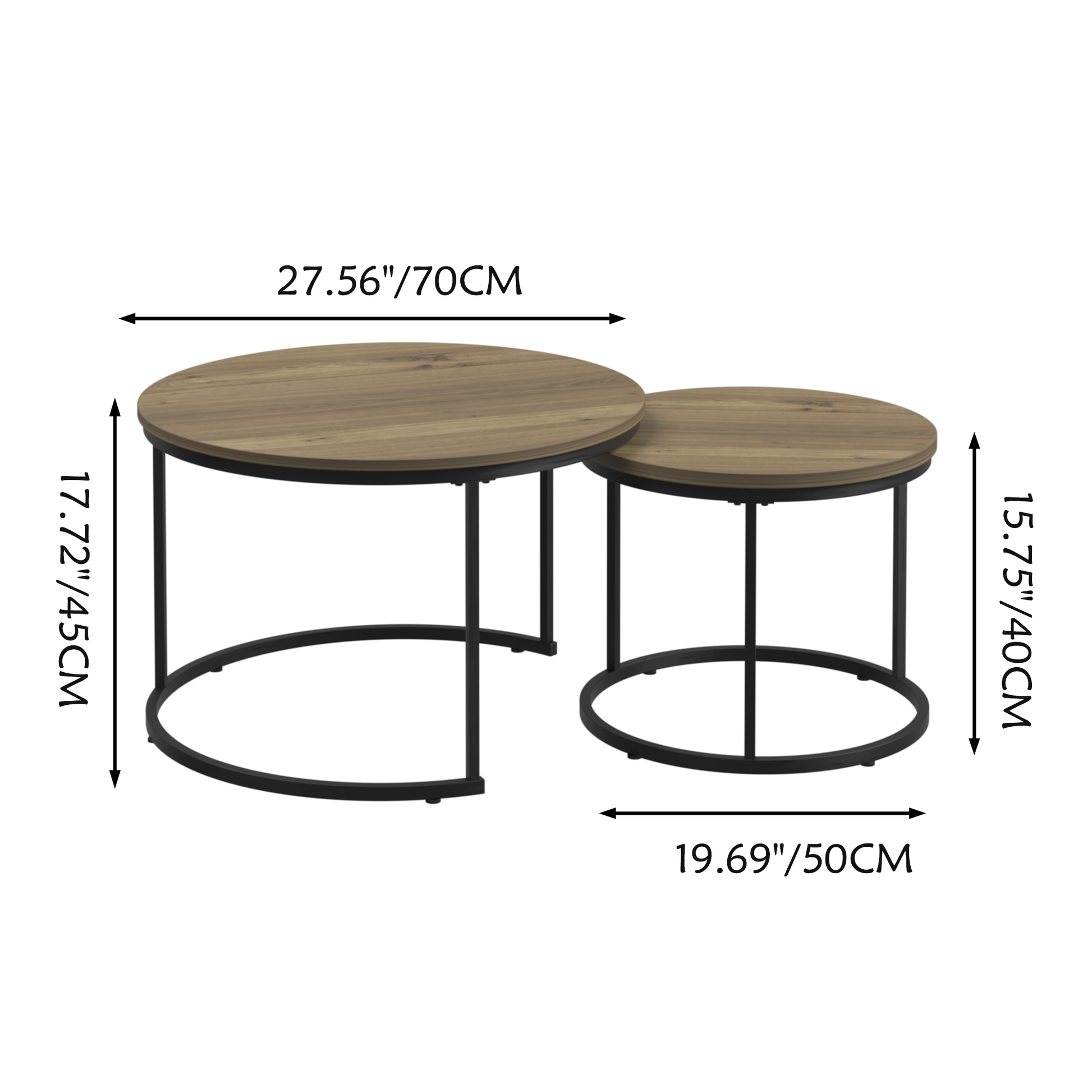 Nesting Coffee Table Set Of 2, 27.6Inch Round Coffee Table Industrial Wood Finish With Sturdy Metal Frame, End Table Side Tables For Living Room Bedroom Balcony Yard Brown Brown Wood Metal