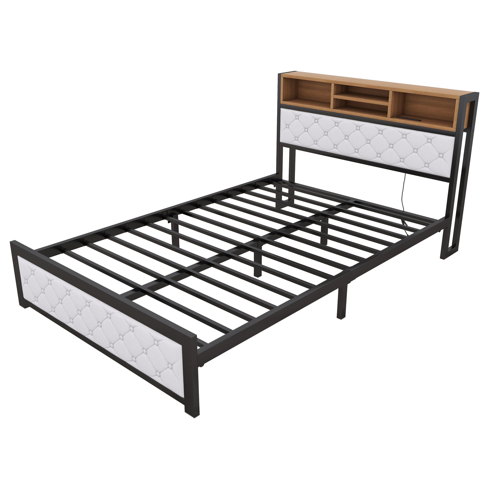 Metal Full Size Platform Bed With 4 Drawers, Upholstered Headboard And Footboard, Sockets And Usb Ports, White Full White Black Fabric Metal