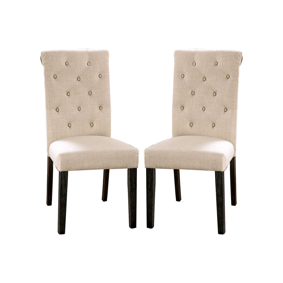 Set Of 2 Fabric Upholstered Dining Chairs In Antique Black And Ivory Solid Ivory Dining Room Rustic Set Of 2 Fabric,Solid Wood Mdf