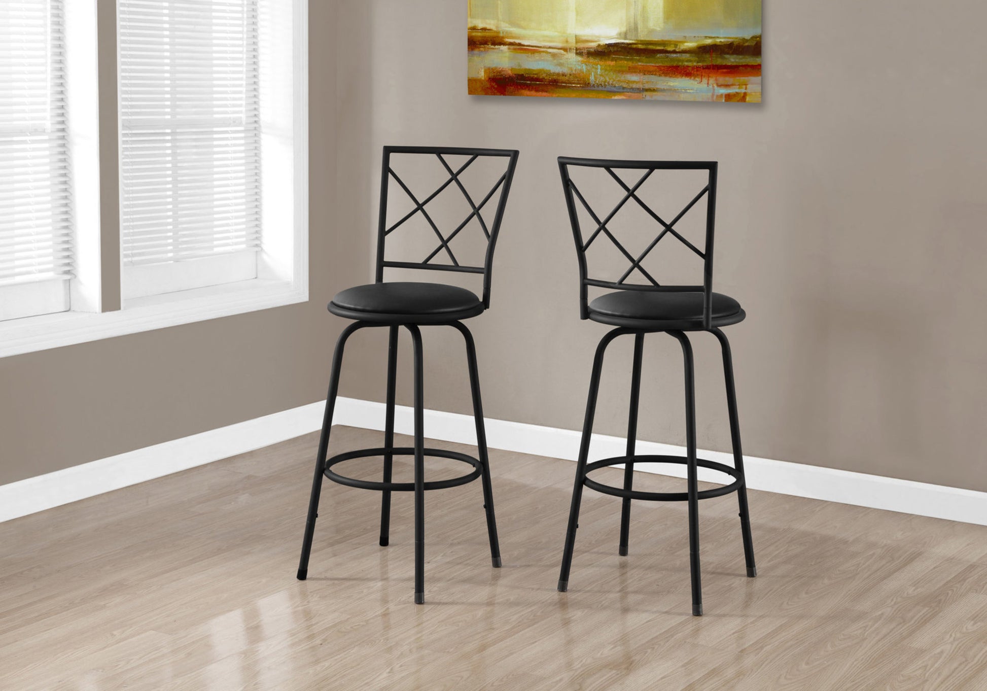 Bar Stool, Set Of 2, Swivel, Bar Height, Black Metal, Leather Look, Contemporary, Modern Black Foam Metal