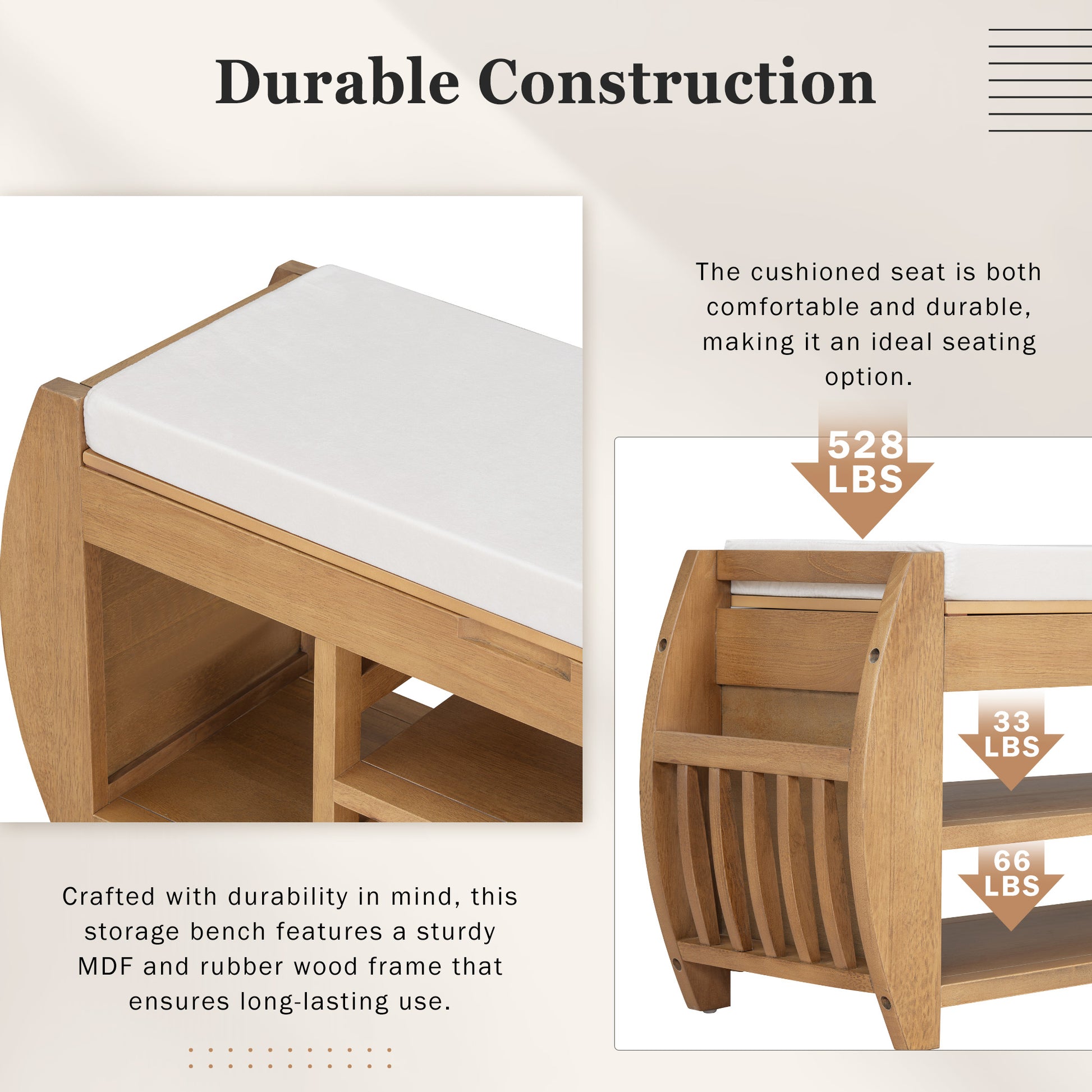 Retro Multifunctional Storage Bench With Cushion And Curved Side Panel For Entrance And Living Room Natural Natural Mdf