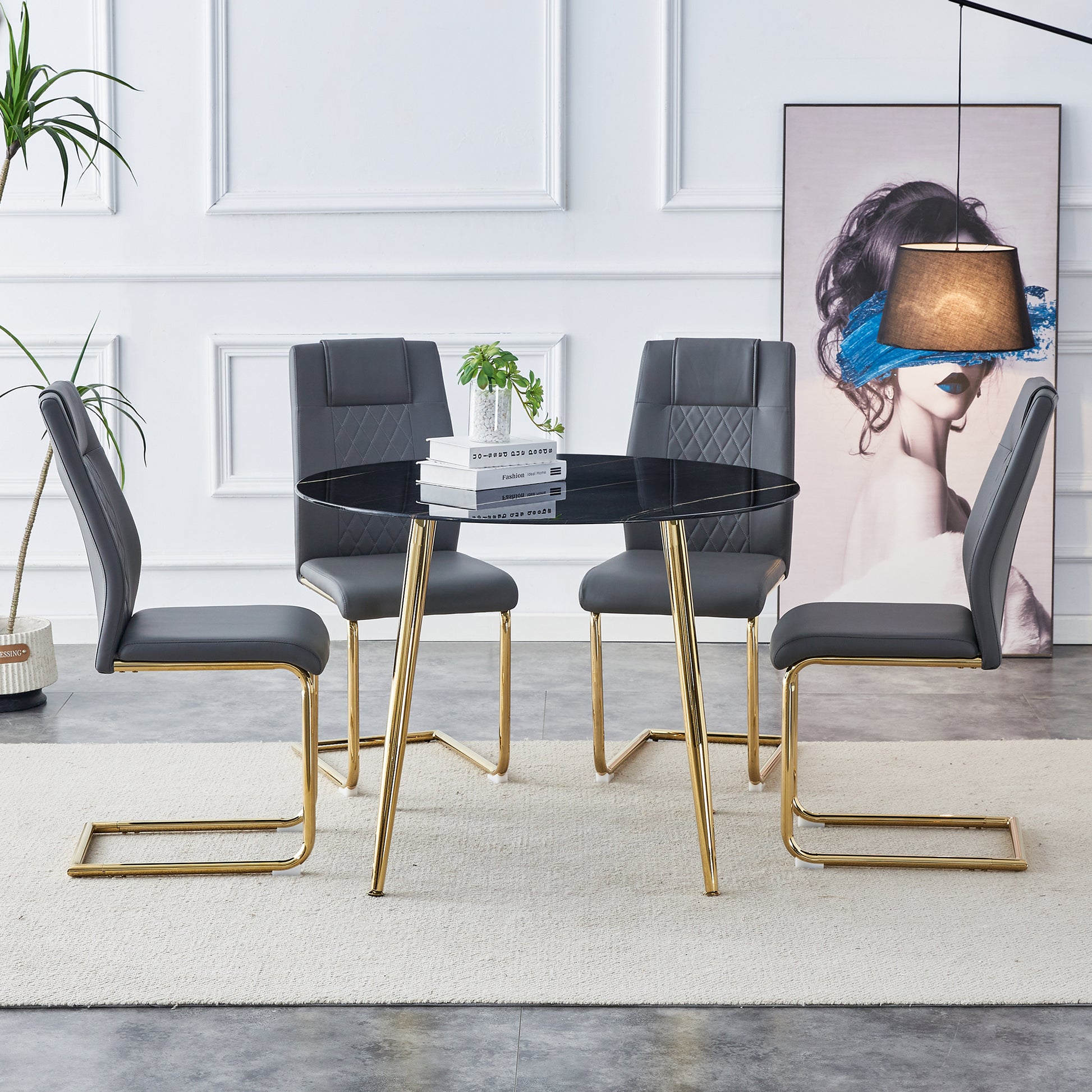 1 Table And 4 Chairs, A Modern Minimalist Circular Dining Table With A 40 Inch Black Imitation Marble Glass Tabletop And Gold Plated Metal Legs, And 4 Modern Gold Plated Metal Leg Chairs. Black Gold Seats 4 Glass