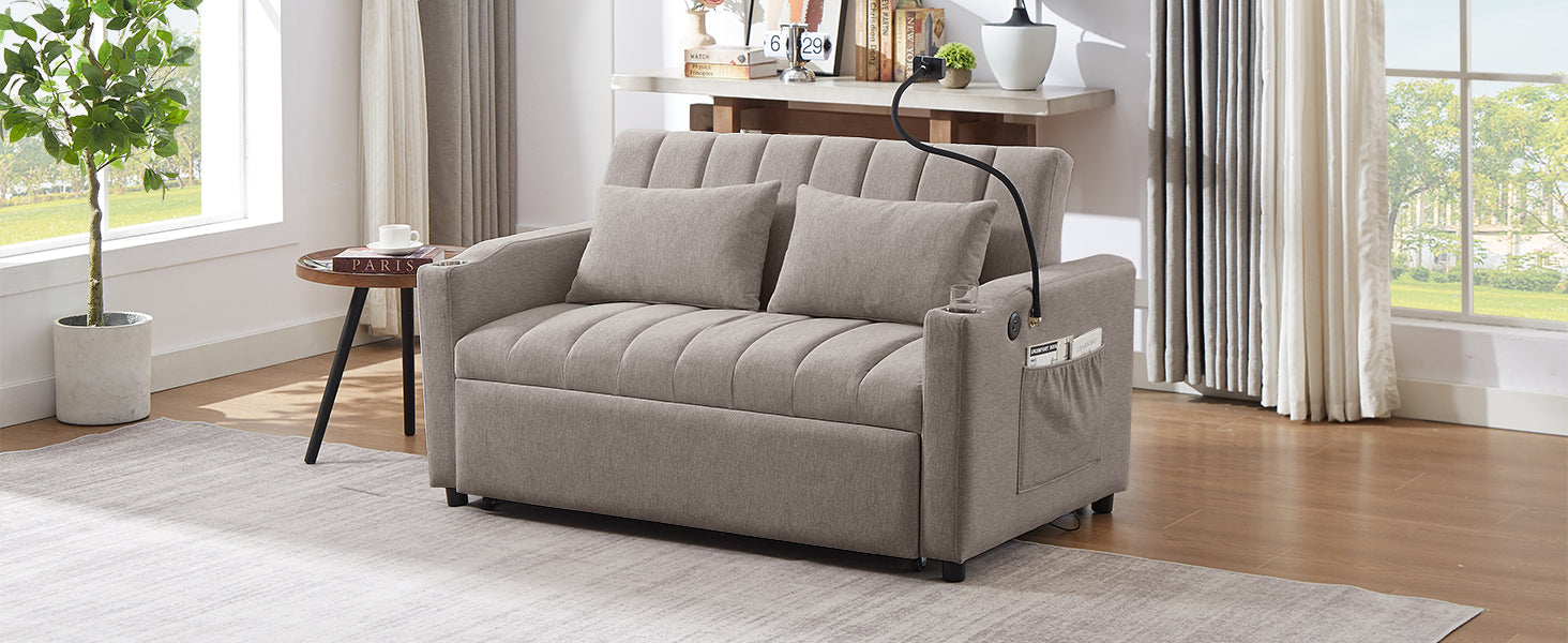 55.9" Convertible Sofa Bed Loveseat Sofa With Three Usb Ports, Two Side Pockets, Two Cup Holders And 360 Swivel Phone Holder For Living Room, Light Grey Light Grey Foam Polyester