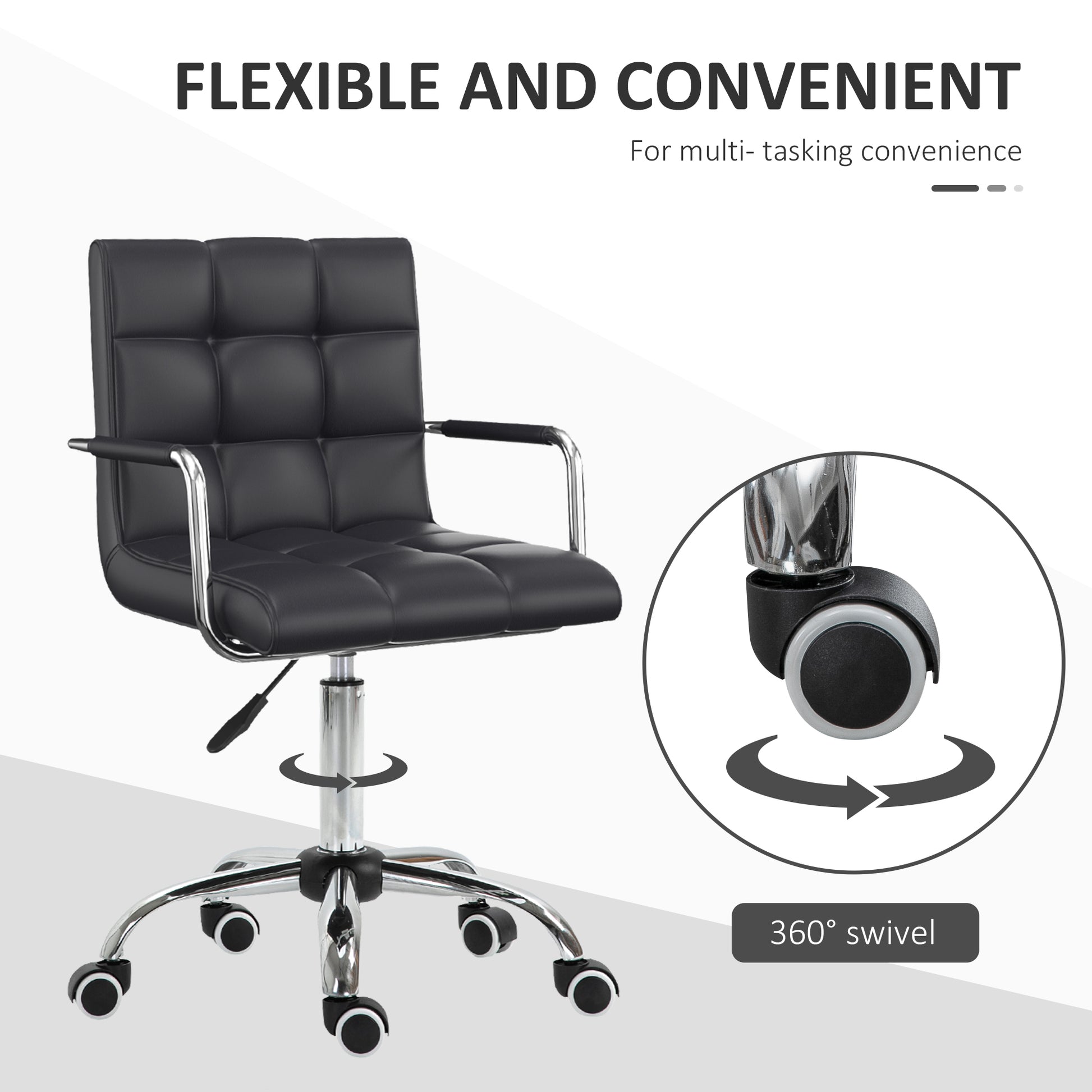 Homcom Home Office Chair, Modern Computer Desk Chair, Task Chair With Upholstered Pu Leather, Adjustable Height, Swivel Wheels, Black Black Faux Leather