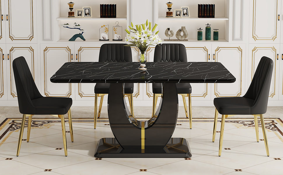 Table And Chair Set.63"W X 37"D X 30"H Black Marble Mdf Diningtable Set With 4 Black Pu Chairs With Gold Metal Legs.Bring A Comfortable Home Experience To The Kitchen, Bedroom, And Office.