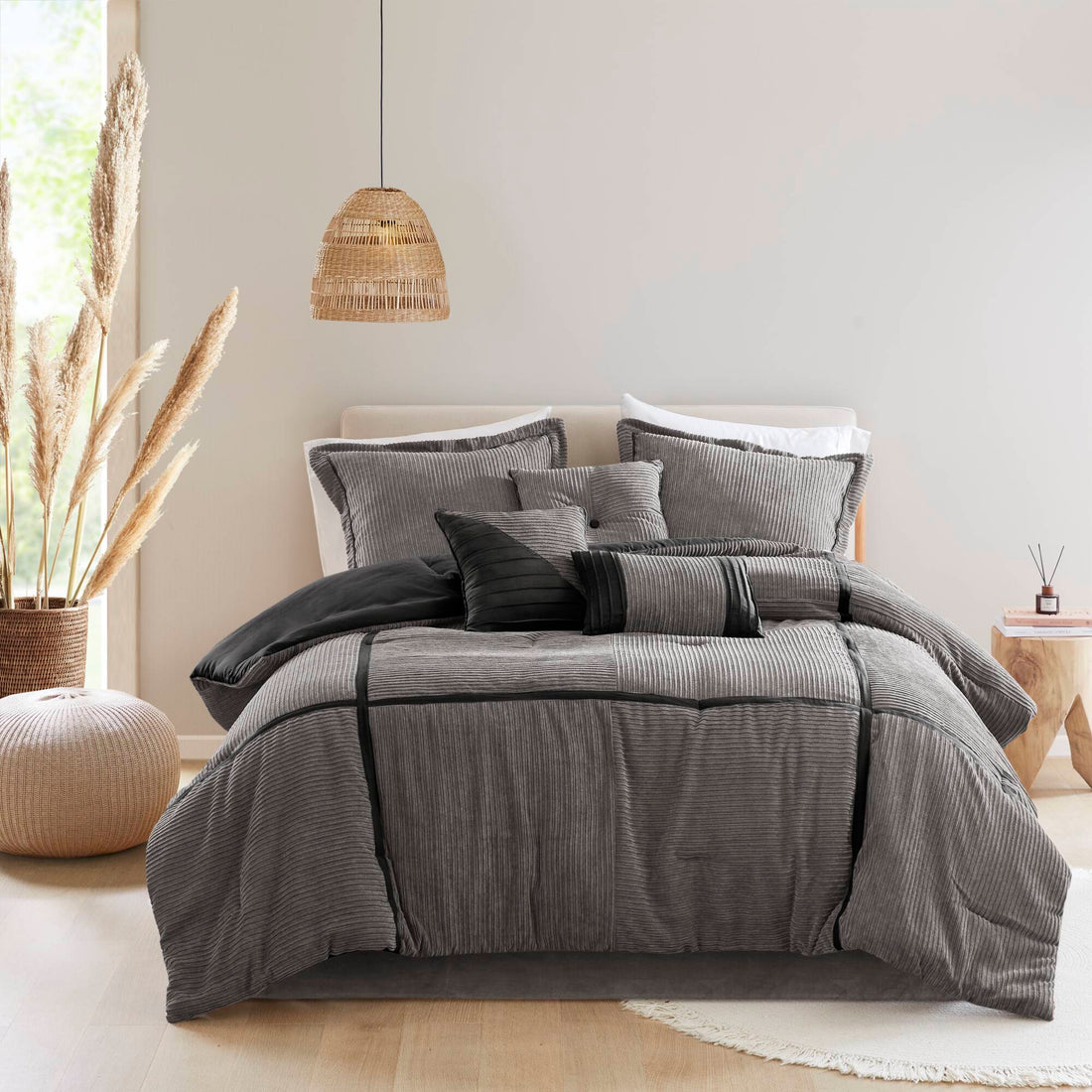 7 Piece Micro Corduroy Comforter Set Grey Queen Grey Polyester