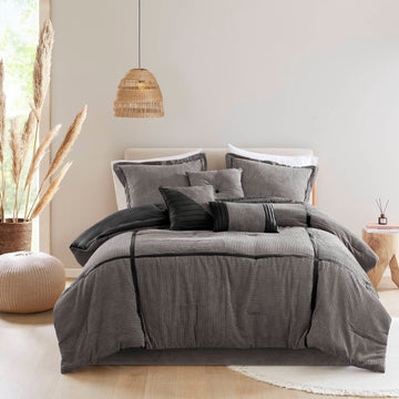 7 Piece Micro Corduroy Comforter Set Grey Queen Grey Polyester