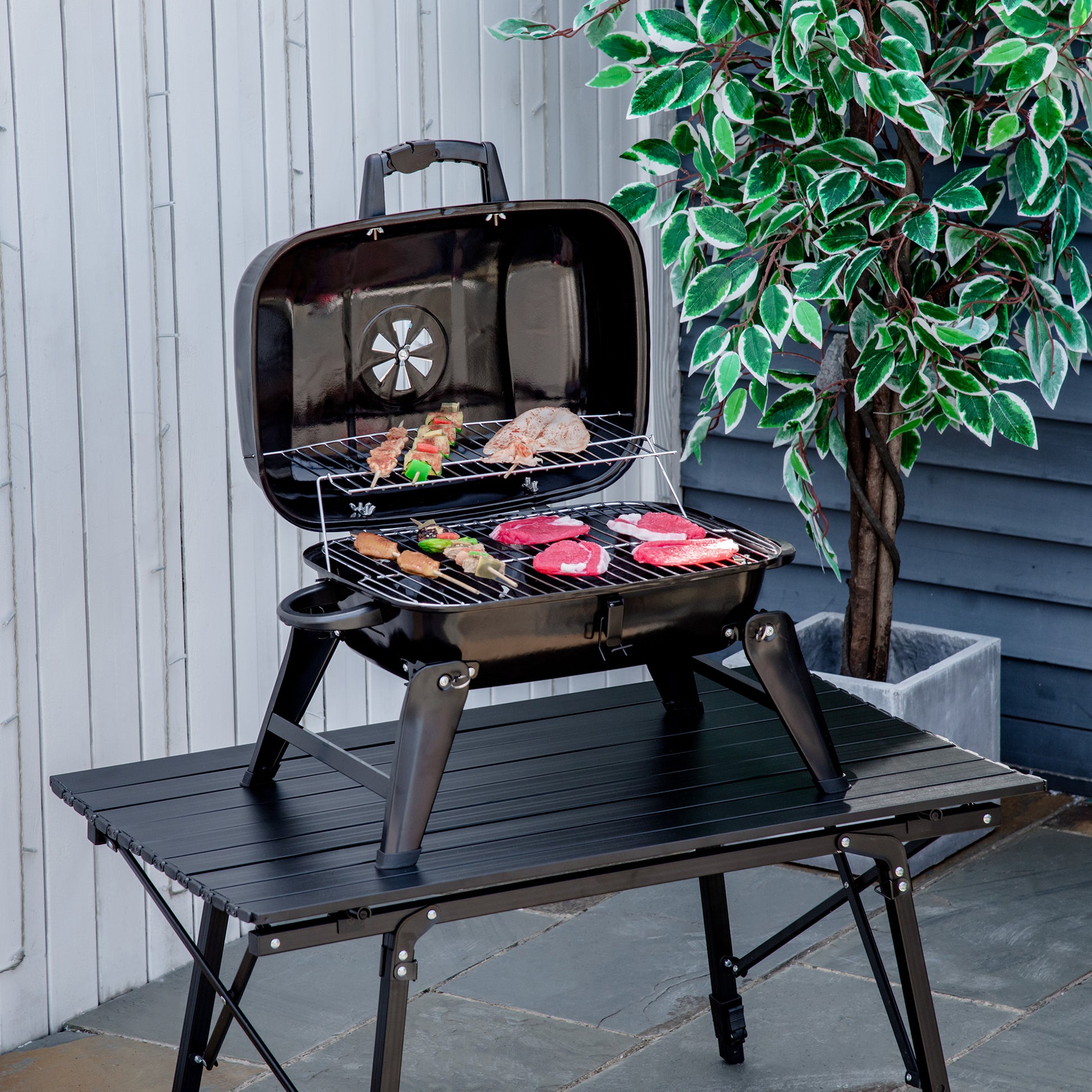 Outsunny 14" Portable Charcoal Grill, Tabletop Small Bbq Grill For Outdoor Cooking, Camping, Tailgating, Enamel Coated, Vent, Folding Legs, Black Black Iron