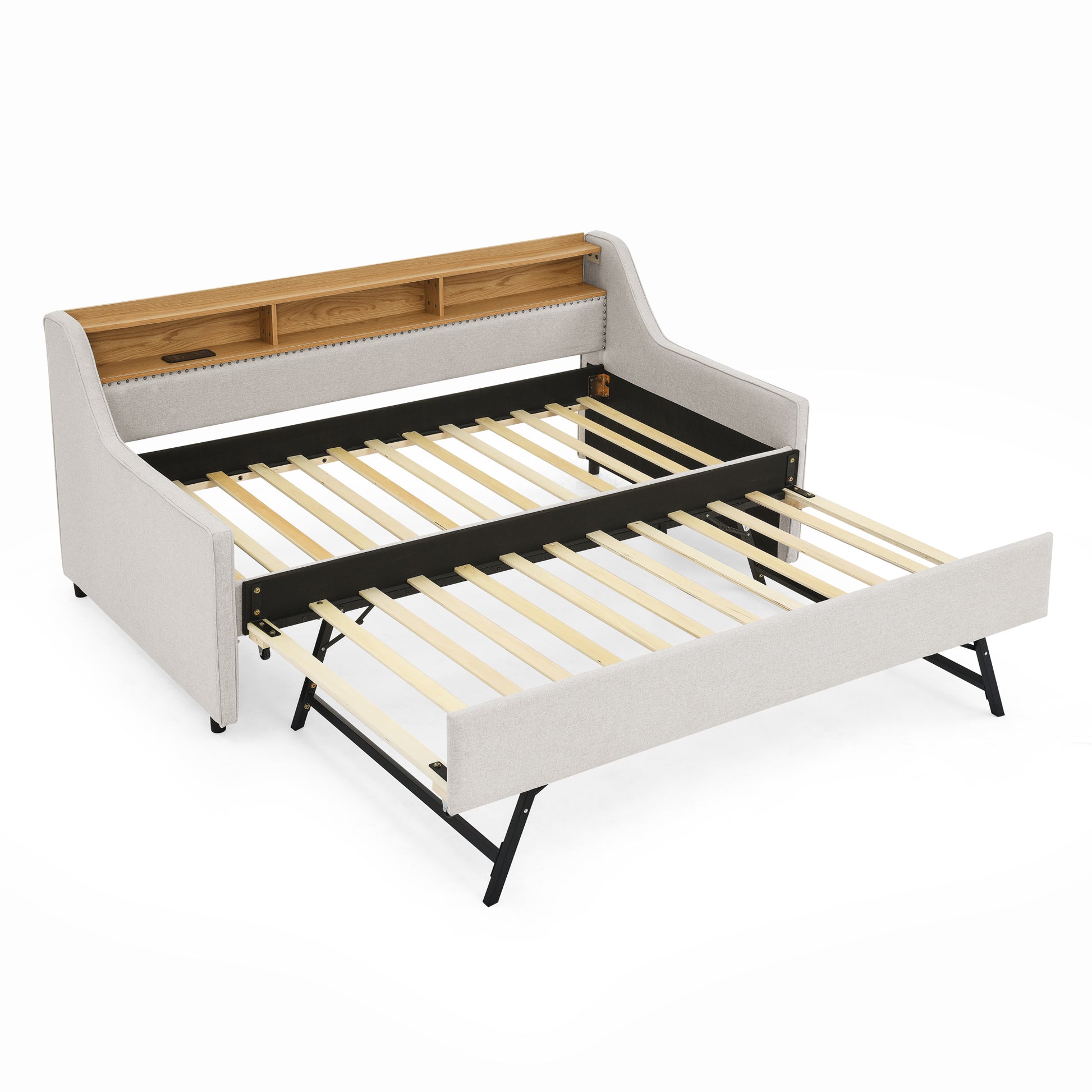 Twin Size Upholstery Sofa Bed With Three Led Lights, With Storage Adjustable Headboard, With Foldable Leg Pull Up Trundle Bed And Wireless Charging, Linen Padded Sofa Bed Frame, Beige Box Spring Not Required Twin Beige Composite Bedroom Classic