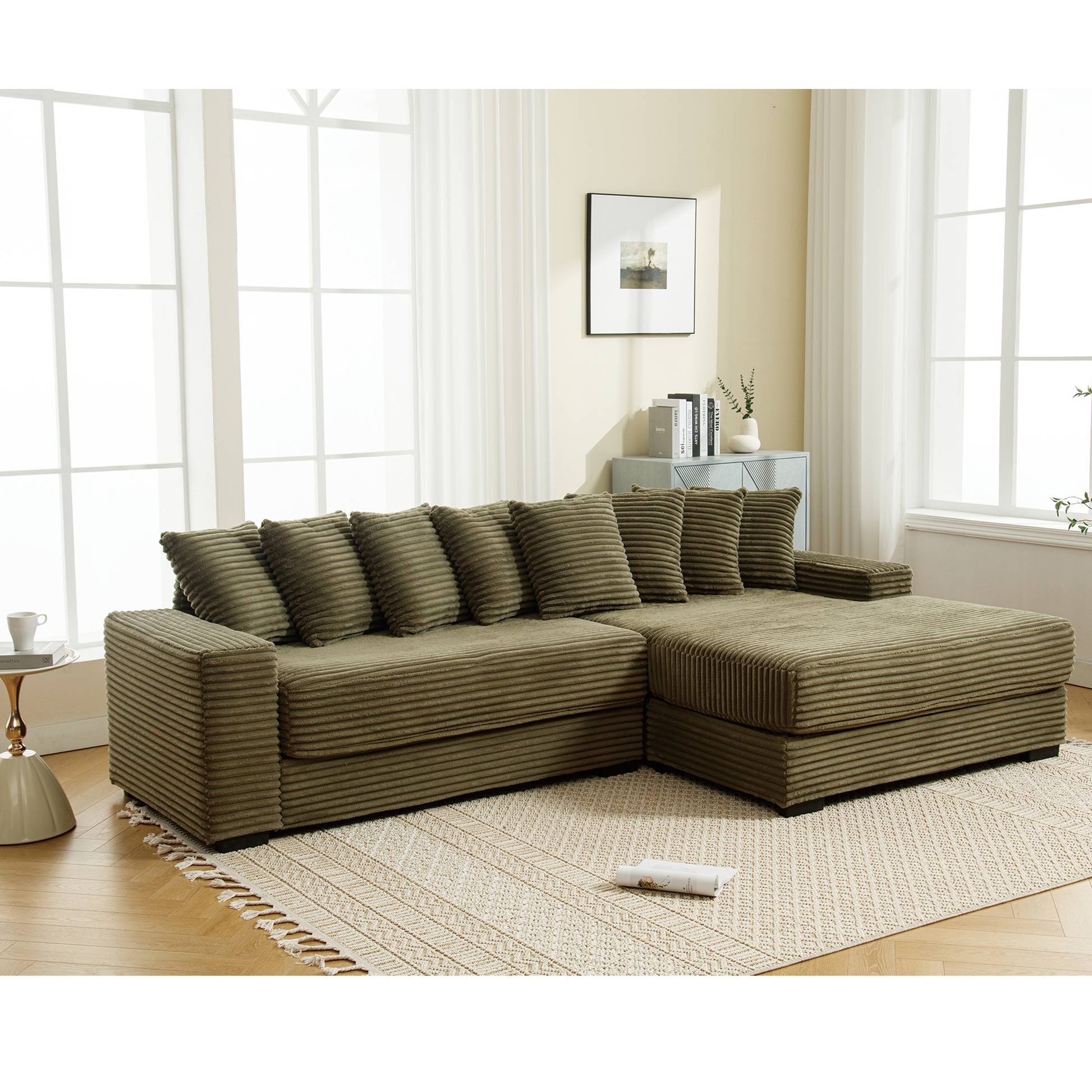 Arrived Oversized Two Piece Couches, L Shaped Sofa, Corduroy, Right Chaise Daybed,With Armrests,Eight Throw Pillows,Corner Sofa,Easy To Assemble, Green Green Polyester Wood Primary Living Space