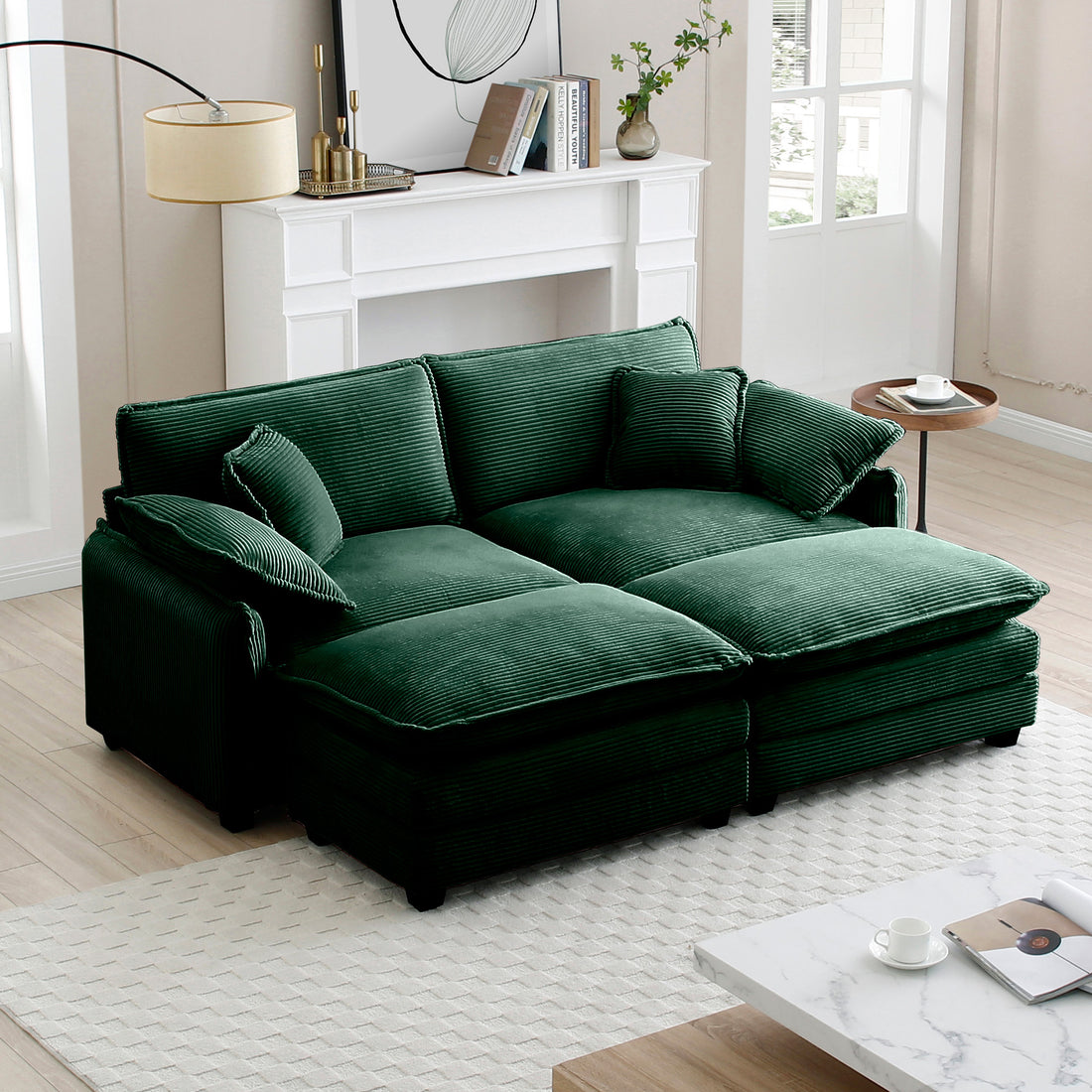 Two Seater Theater Sofa With 2 Footrest, 2 Seater Sofa With Ottoman For Small Living Spaces,Green Corduroy Green Corduroy 2 Seat