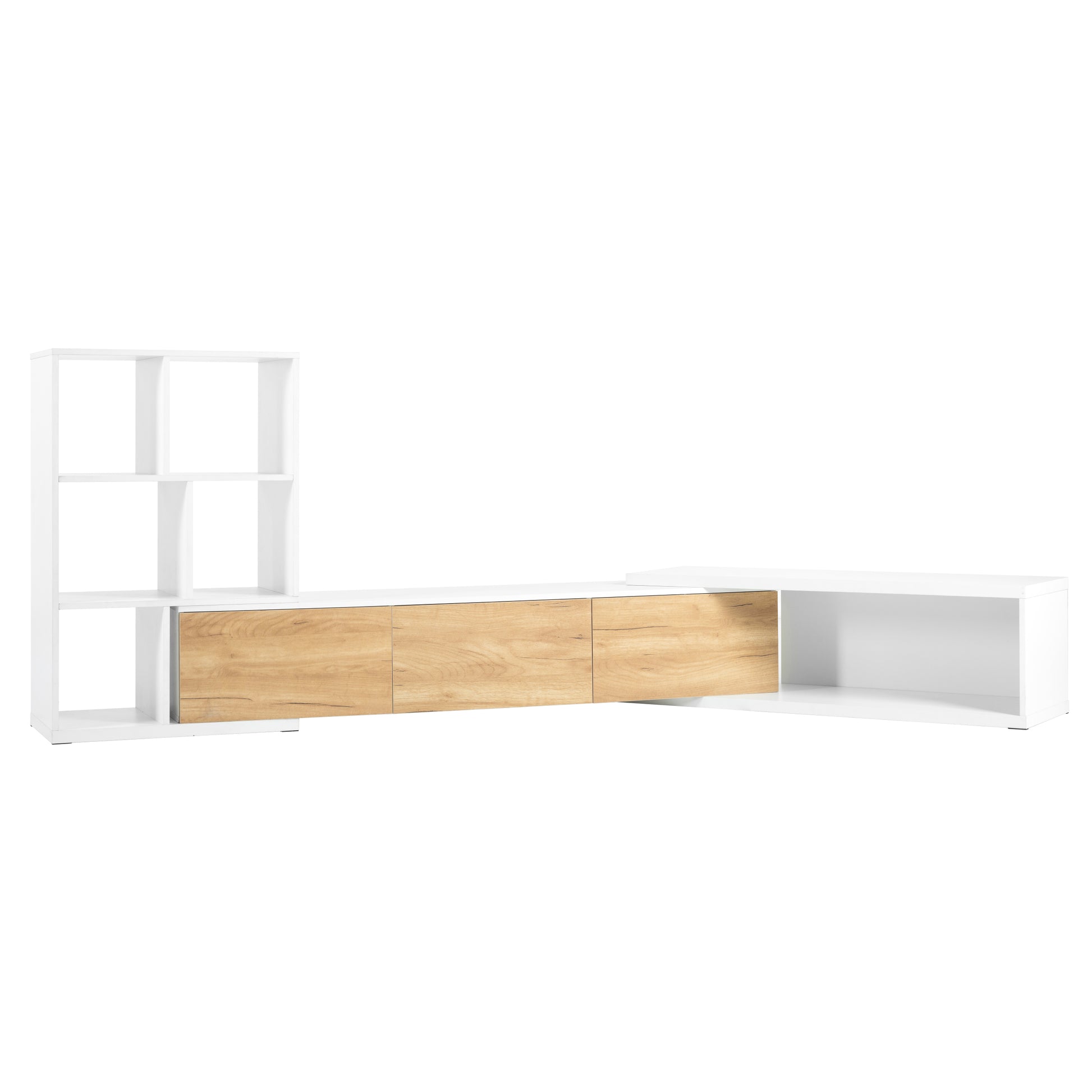 74.8'' 126'' Extendable Tv Stand With 3 Tier Bookshelves For Tvs Up To 110'', Adjustable Entertainment Center With Storage Cabinets, Sliding Tabletop Media Console For Living Room, White White Primary Living Space 90 Inches Or Larger Particle Board Mdf