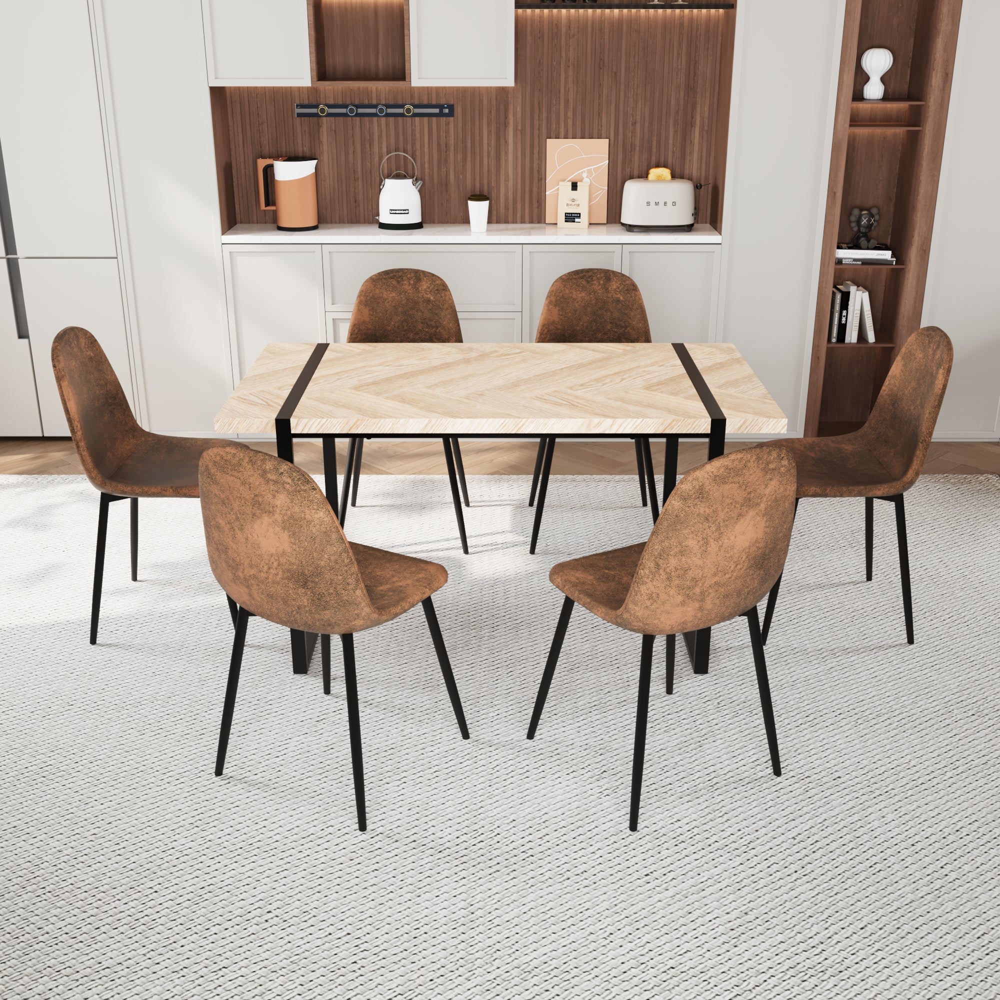 Mdf Light Wood Dining Table And Modern Dining Chair Set Of 8 Pieces, Medieval Wooden Kitchen Dining Table Set, Black Metal Base, Dining Table And Suede Chair Set Buy 6 Chairs And Get 2 Free Brown