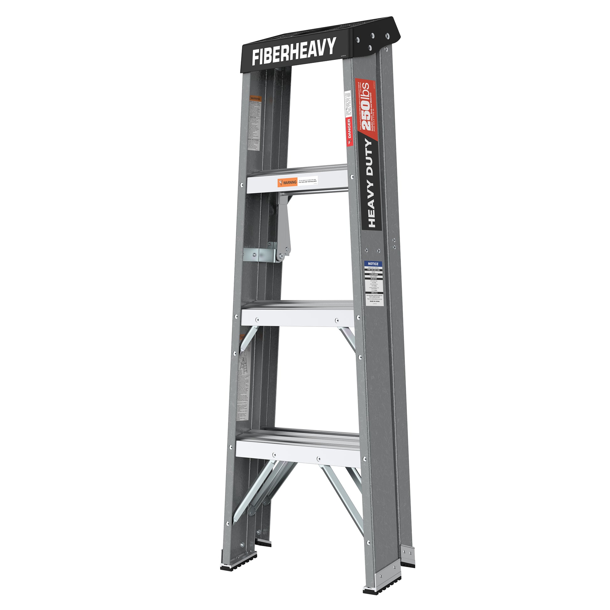 Fiberglass Step Ladder 4 Steps 250Lbs Black Grey Fiberglass