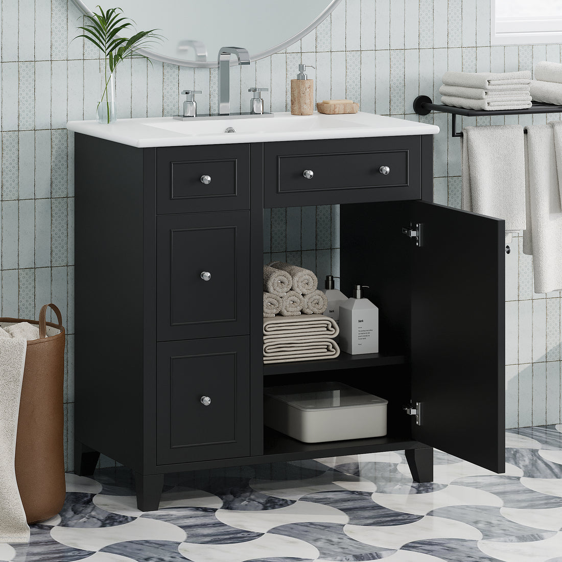 30 Inch Bathroom Vanity Cabinet With Ceramic Basin, Double Layer Drawer, Deep Drawer And Adjustable Shelf Black Bathroom Solid Wood Mdf